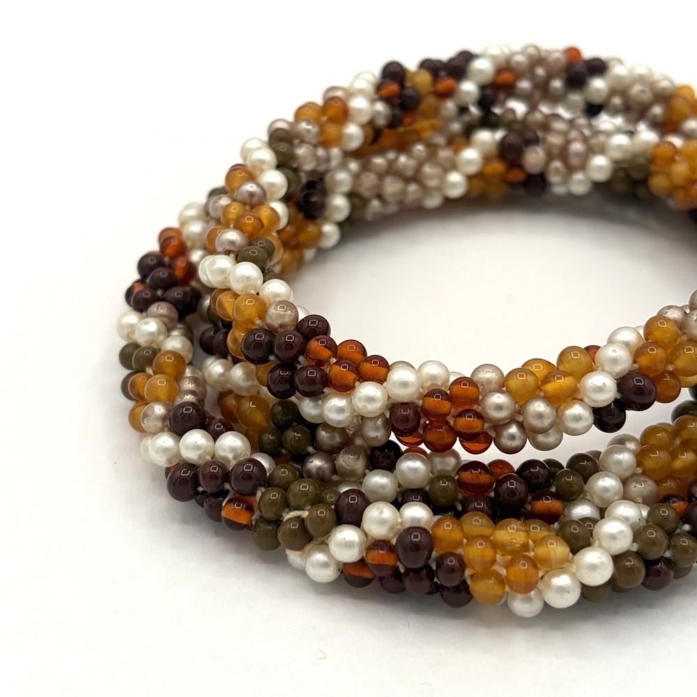 Endless Seed Bead Woven Spiral Rope Necklace Faux Pearl Amber Fall Colors - Picture 4 of 7